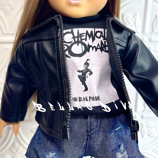 18" Girl Doll Black Faux LEATHER MOTORCYCLE JACKET -Black Rocker Biker Jacket Designed to Fit 18" or 14" inch Girl or Boy Dolls