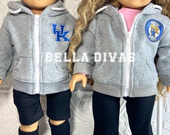 18&quot; Girl Doll FLEECE HOODIE Gray -Hoodie with Personalized Logo- Initials or Name Designed to Fit 18 Inch Girl or Boy Dolls