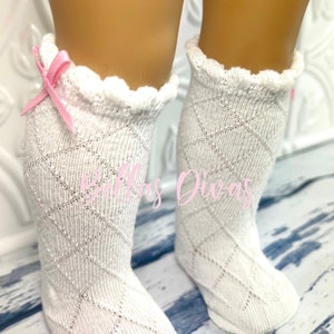 Doll KNEE HIGH SOCKS White Diamond Patterned Designed to Fit 18 inch Dolls - Mesh Knee High Socks with Pink Bow for 18" Doll- Knit Sock