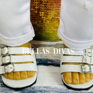 18 Inch Doll Sandals: White Triple Buckle Flats