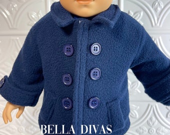 18" Girl Doll Navy Blue Fleece Peacoat-Fashion Vintage inspired Navy Capitan Fleece Faux double breasted Designed to Fit 18 Inch Boy Dolls