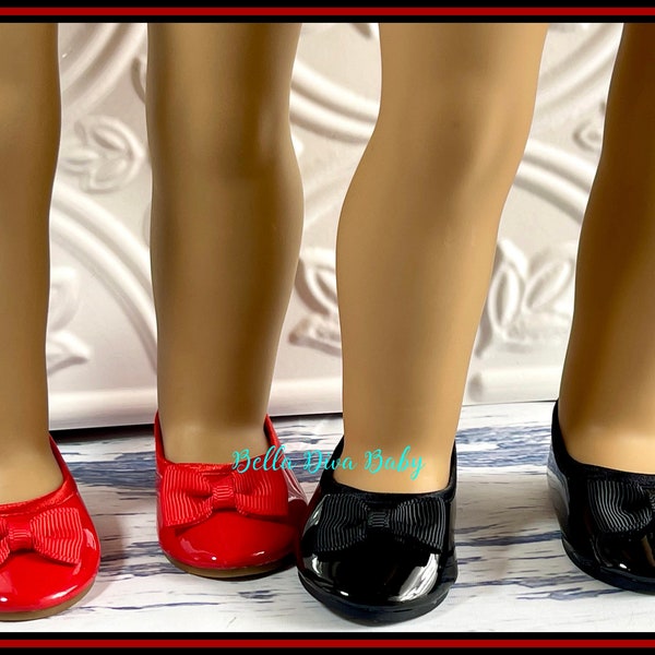 18" GIRL Doll DRESS SHOES Shiny with Bow Black and Red- Formal Flat Shoes Designed to Fit 18 Inch Girl Dolls