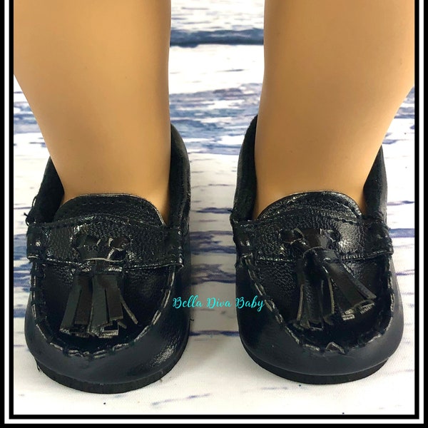 18" Doll Black Faux LEATHER BOY SHOES -Fancy Boy doll Tassel Loafers shoes Designed to fit 18 Inch dolls