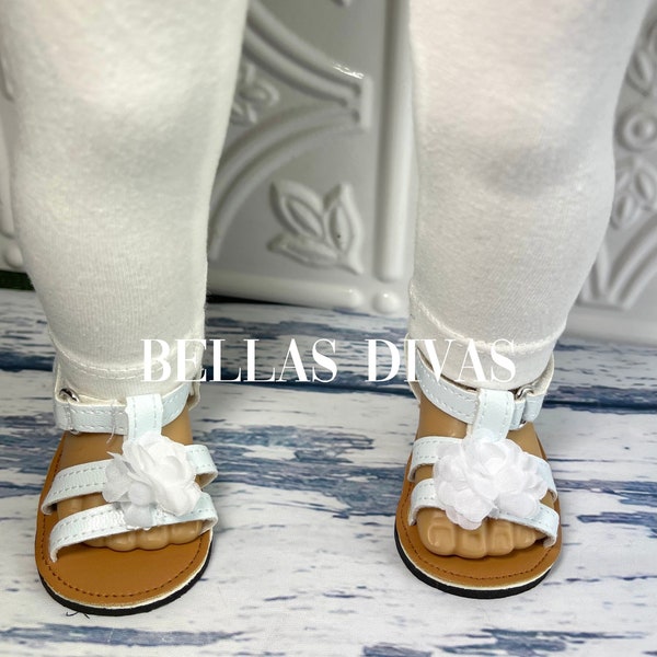 18" Girl Doll White SANDALS with satin FLOWER |  Fancy Spring- Summer sandals Designed to Fit 18 Inch Girl Dolls