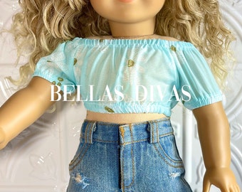 18" Girl Doll Aqua PEASANT CROP TOP  - Blouse Aqua Blue Short Sleeve Designed to fit 18 Inch Girl Dolls