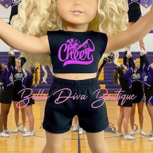 Custom Logo Design 18&quot; Girl Doll Cheer Outfit, Cheerleader Personalized Name Black Top Sleeveless & Shorts