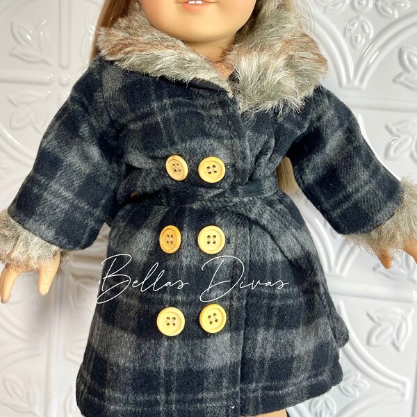 18" Girl Doll Belted WINTER COAT Plaid with Faux Fur Collar & Matching Hat- Fashion Vintage inspired Long Coat Designed to Fit 18 Inch Dolls