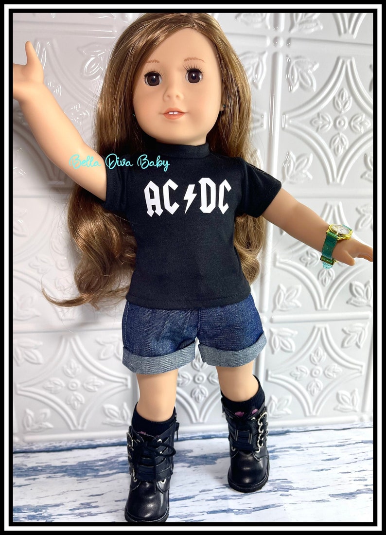 ROCK MUSIC BANDS 18' inch Dolls Tshirt - Concert Personalized Design Custom Tee shirts -Create 18 inch Doll Graphic Tees -Jean shorts-Boots 