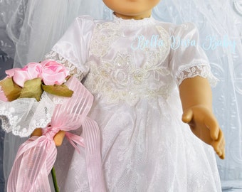 18" Girl Doll BRIDAL GOWN- WEDDING Dress with Beautiful Floral Veil & Bouquet -Bride Outfit Designed to fit 18 inch dolls