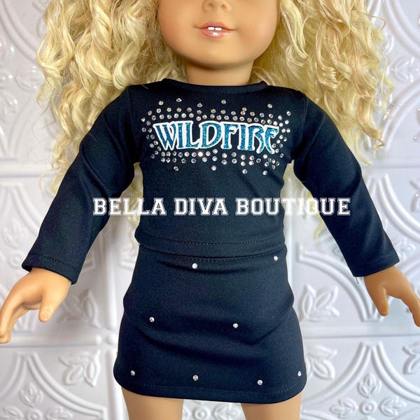 Custom Design CHEER TOP & SKIRT Black made to fit 18 inch Girl Doll Cheerleader Outfit, Cheerleader Personalized Name Set