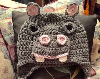 Cute gray with pink hippopautumus crochet hat with earflaps and braids