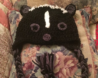 Adorable Black and White Crochet Skunk Hat with Earflaps and Braids Made to Order any Size