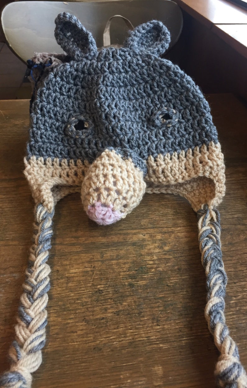 Gray and Tan Crochet Armadillo Hat With Earflaps and Braids | Etsy
