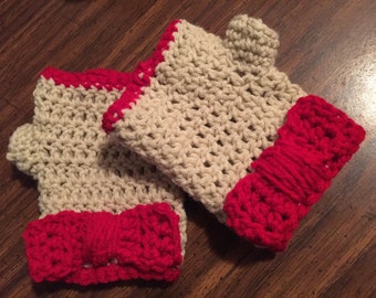 Crochet Red and Beige Wristers/Fingerless Gloves with Bows that can be Made in any Color