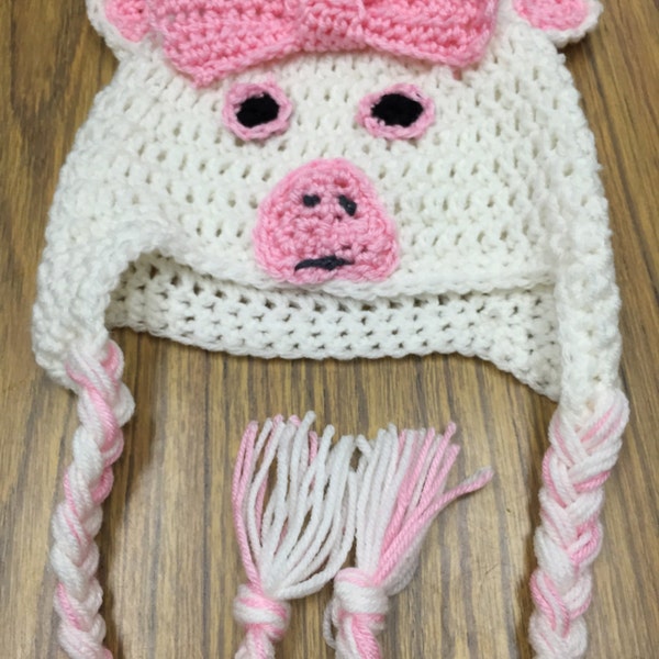 Cute Pig Crochet Hat with Earflaps and Braids