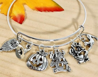 Halloween Witches Brew Pumpkin Haunted House Cat Owl charm Expandable Bangle Bracelet