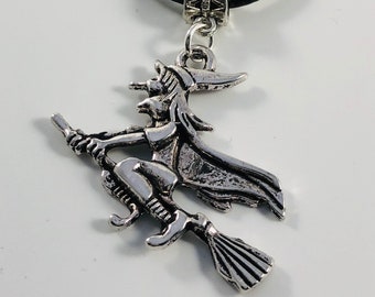 Witch Flying on Broom Stick Pendant on 17-inch Necklace