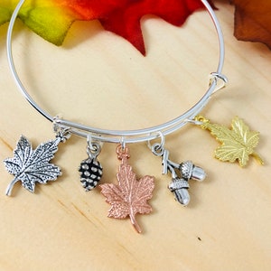 May include: A silver bangle bracelet with five charms: a silver maple leaf, a black and silver pinecone, a rose gold maple leaf, two silver acorns, and a gold maple leaf.