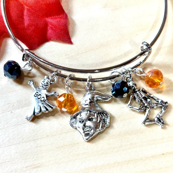 Halloween Witch~Ghost~BOO! and Skeleton with orange and black glass gems charm Expandable Bangle Bracelet