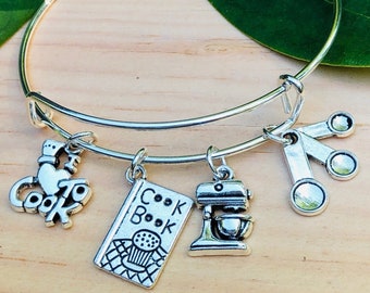 Love To Cook~Bake~Chef~Mixer~Charms Silver charm Expandable Bangle Bracelet