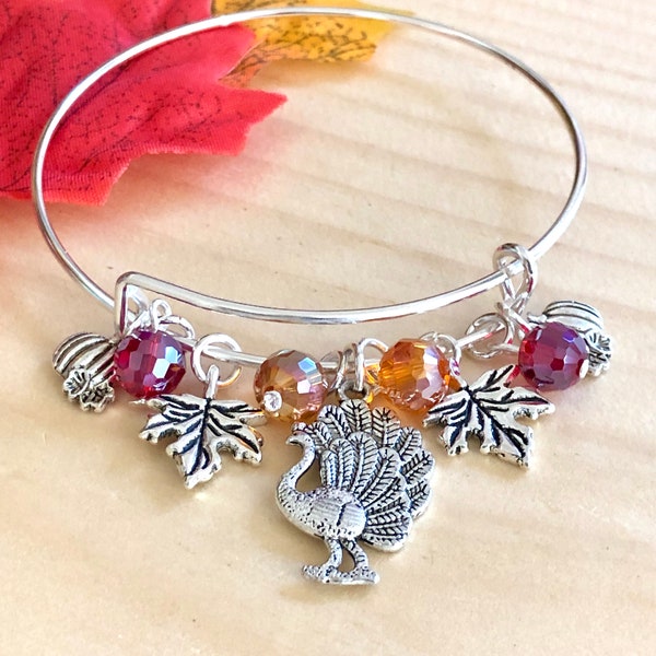 Thanksgiving Turkey & Fall Leaves Silver charm Expandable Bangle Bracelet