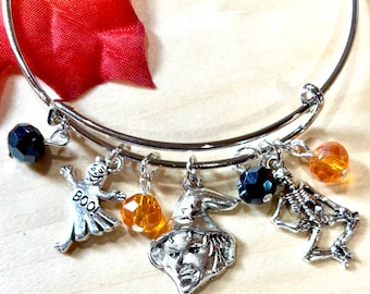 Halloween Witch Ghost BOO! and Skeleton with orange and black glass gems charm Expandable Bangle Bracelet