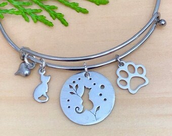 Cat Silhouette~Paw & Heart Stainless Steel charms Expandable Bangle