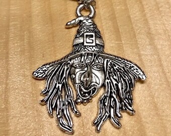 Witch Face Scary Creepy but Cool Pendant charm on 17-inch black rope Necklace with lobster clasp