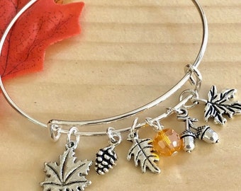 Jesień Jesień Sezon Klon Dąb Liście Żołędzie i Szyszka Rozciągliwa Bransoletka Bangle
