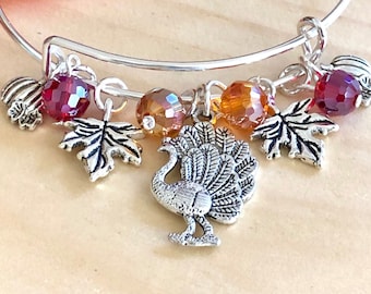 Thanksgiving Turkey and Fall Leaves Silver charm Expandable Bangle Bracelet