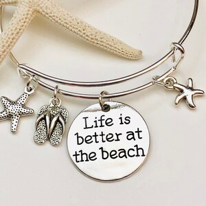 Life is Better at the Beach~Flip Flop~Starfish Charms Expandable Bangle Bracelet