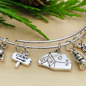 Happy Camper Camping Tent Camp Fire Gas Light Lantern-Silver mini charms Expandable Bangle Bracelet