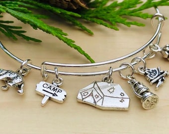 Happy Camper Camping Tent Camp Fire Gas Light Lantern-Silver mini charms Expandable Bangle Bracelet