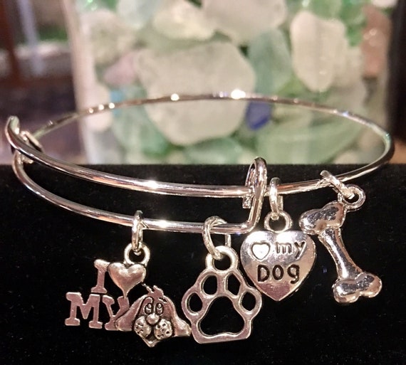 I heart love My Dog face paw bone i heart My Dog Silver Charms Expandable Bangle Bracelet Etsy Canada