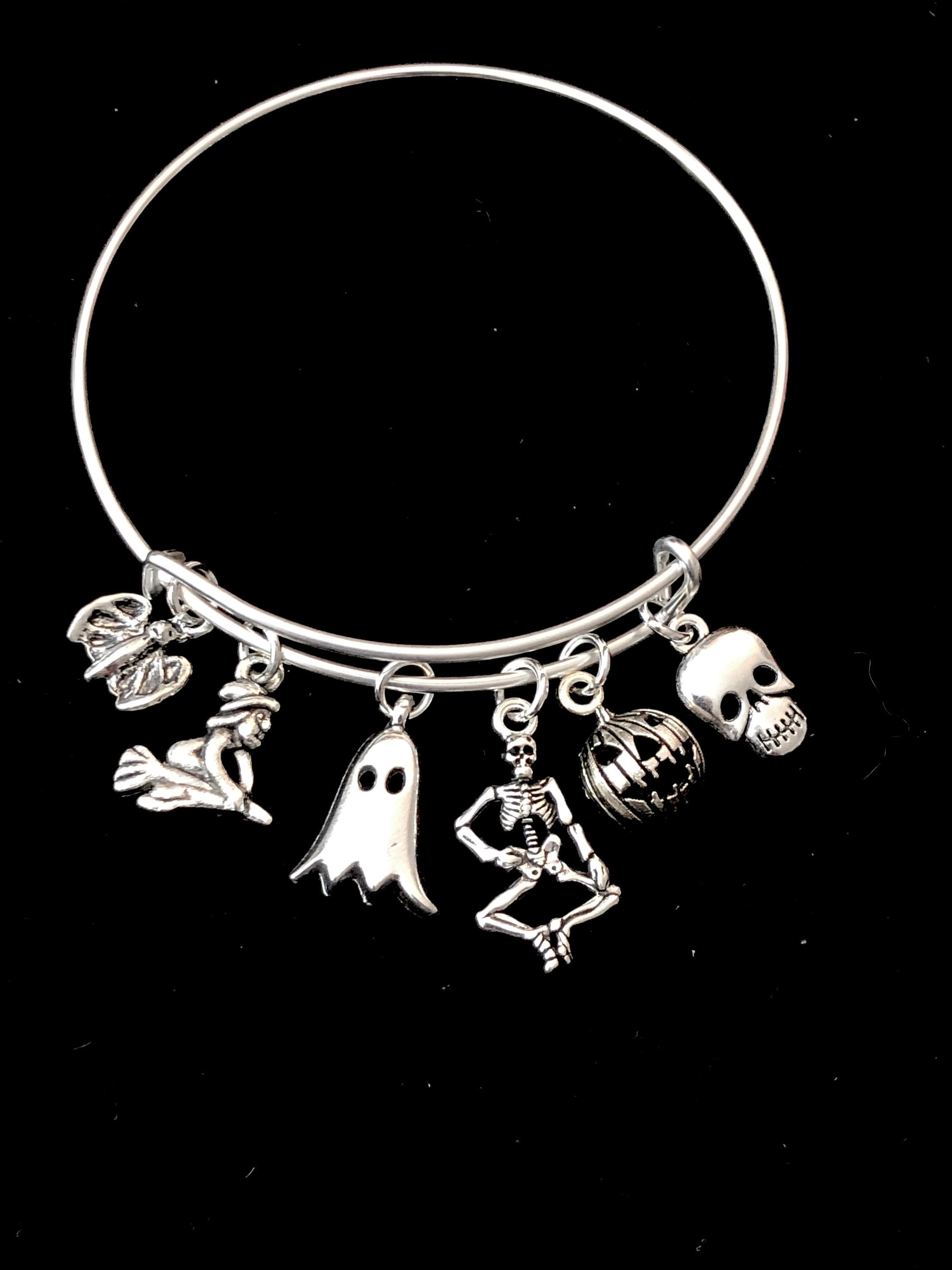 Halloween Witch Pumpkin Ghost Skeleton Bat charm Expandable Bangle Bracelet
