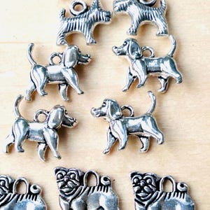 Puede incluir: Una colección de dijes plateados con forma de perros de varias razas, incluyendo terriers, beagles y carlinos. Cada dije tiene un lazo para sujetarlo a joyas u otras manualidades. Los dijes se muestran sobre una superficie de madera clara.