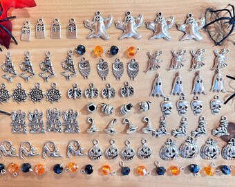 84 Halloween Witch Ghost Pumpkin Owl Bat Cat Skeleton Skull RIP Witch Hats Witches Brew Pots and RIP 84 Charms and Beads for DIY and Crafts