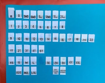 250-500-1000 Your Choice - Size Labels,See description for all sizes. XS,S,M,L,1X,2X,3X,4X - 1T-5T-,9,12,18,24 Mo. & many more.