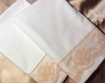 Set of 2 - Cotton Percale Pillowcases - Beige Rose Lace or Aqua Rose Lace