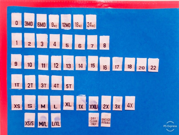 50-100 -Your Choice-Size Labels, Sew-in Fabric Labels, Woven Tags XS,S,M,L,XL,2X,3X,4X - 1T - 5T 0,3,6,9,12,18,24 Mo- 1,2,3,4,5,6,7,8,9,10,