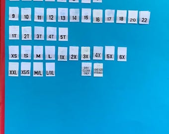 100 Embroidered Sew-In Clothing Size Tags: XS-6X, Months, Numbers