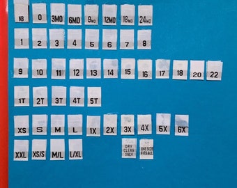 250-500-1000 Your Choice - Size Labels,See description for all sizes. XS,S,M,L,1X,2X,3X,4X - 1T-5T-,9,12,18,24 Mo. & many more.