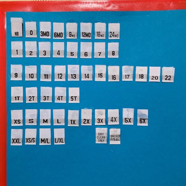 250-500-1000 Your Choice - Size Labels,See description for all sizes. XS,S,M,L,1X,2X,3X,4X - 1T-5T-,9,12,18,24 Mo. & many more.