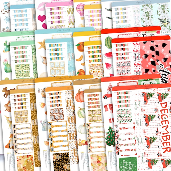 Full Year MONTHLY Kit Planner Stickers 000 | Monthly Spread for Erin Condren / Themed Monthly Planner Stickers / Full Year Stickers