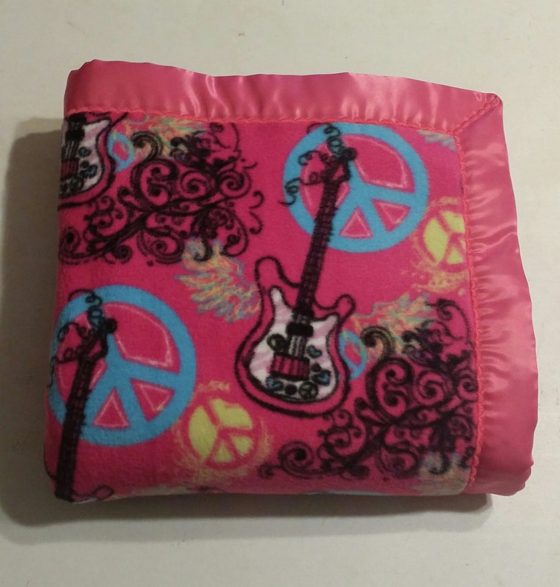 CLEARANCE SALE Ready To Ship Fuschia Pink Guitar and Peace Sign Double-Sided Fleece Blanket