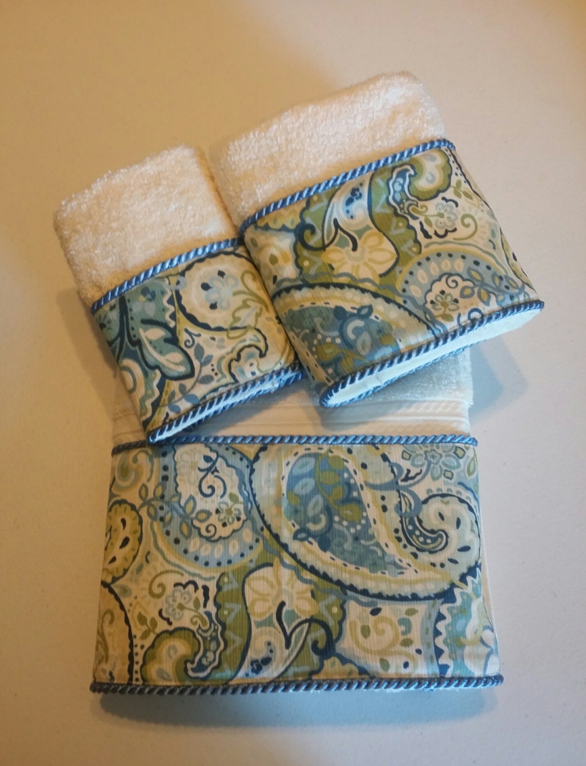 Blue and Ivory Paisley Bath Towel Set Ready To Ship Etsy