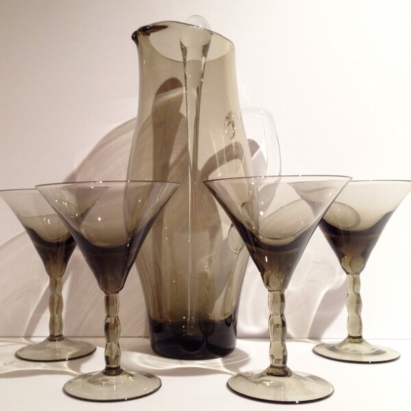 Mod Mid Century Smoked Glass Martini or Cocktail Stemware set of 4 w Pitcher and Stir Stick