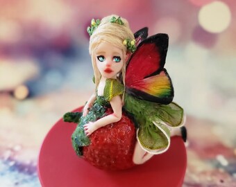 OOAK Beautiful Fairy Sculpture Sitting on Strawberry Box ~ Faerie Pixie Clay Art Doll Gift By Michele Roy Cutest Arts