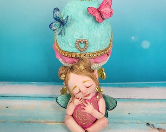 OOAK Beautiful Miniature Fairy in Butterfly Egg Trinket Box ~ Art Doll Sculpture Garden Gift - Michele Roy Cutest Arts