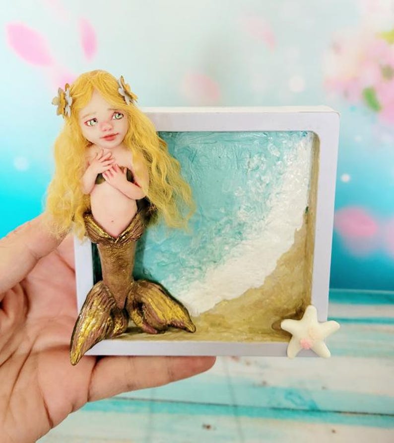 OOAK Beautiful Little Mermaid in a Frame Art Doll Sculpture - Michele Roy Cutest Arts image 1